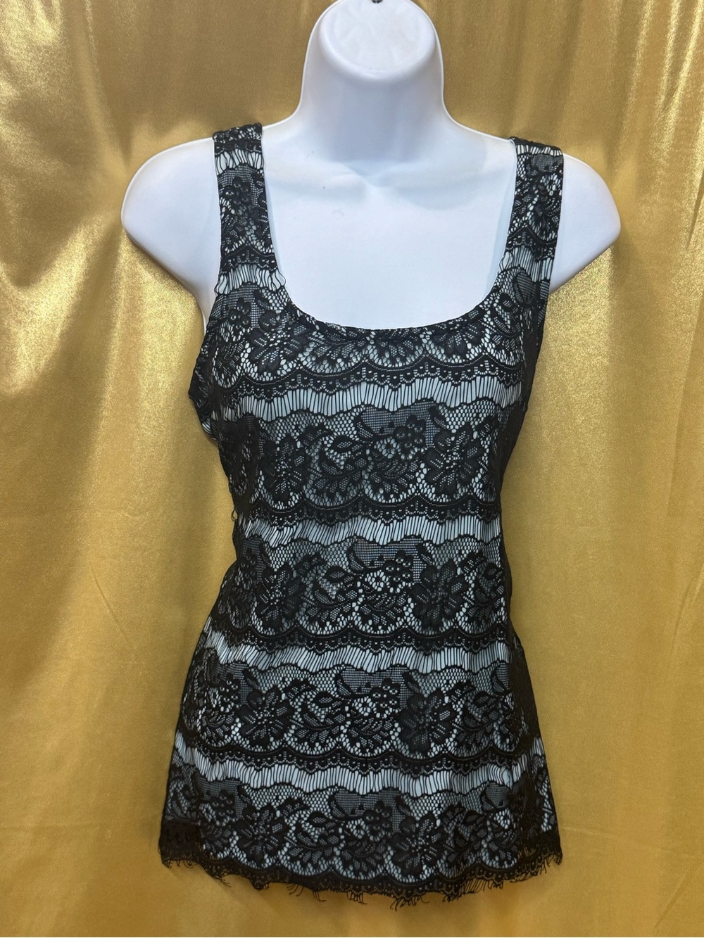 Studio Y Black Floral Lace Overlay Tank Top Teal Blue Liner Size Large